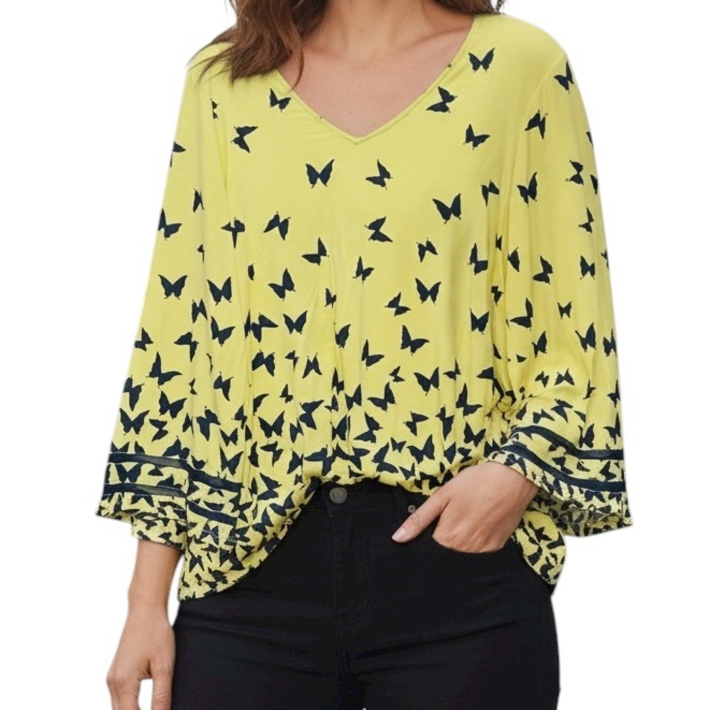 Belle by Kim Gravel Top Yellow Black Butterfly Print Soft Shirt NWOT
